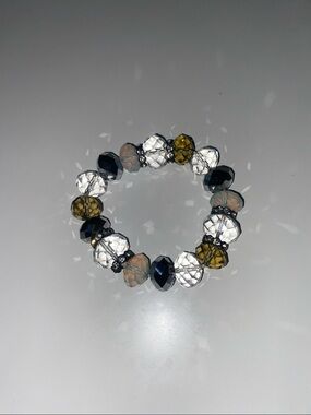Elegant Faceted Glass Bead Stretch Bracelet - Black, Clear & Amber